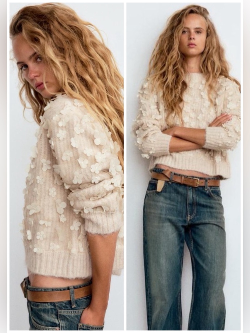 Zara Knit Floral Detail Sweater Round Neck Semi Sheer Mesh Cream Size Small